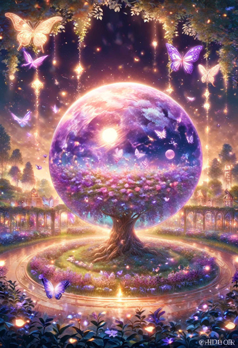 absurdres, highres, ultra detailed, HDR) master piece, best quality, extremely detailed, The World After The Fall, fantasy, magical, radiant, dust, purple flames, purple moon, purple flowers, purple butterflies, garden