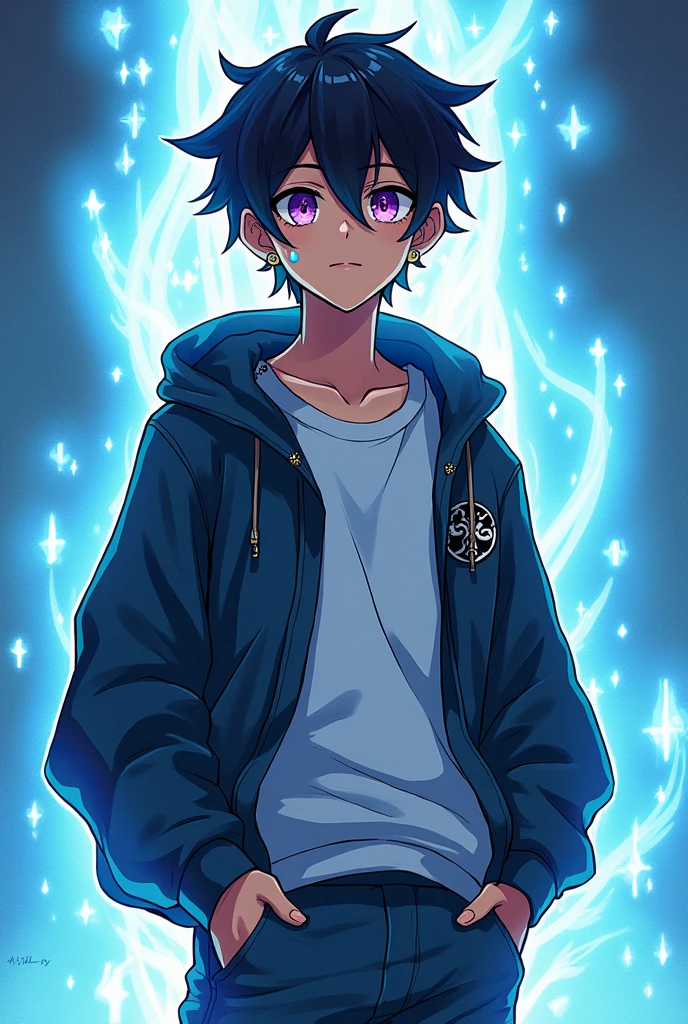 A teenage anime boy who's 5'8 and has a darkish tan with black hair and purple eyes wearing pants,a t-shirt and a jacket with two right ear piercing an a left ear piercing with aqua power