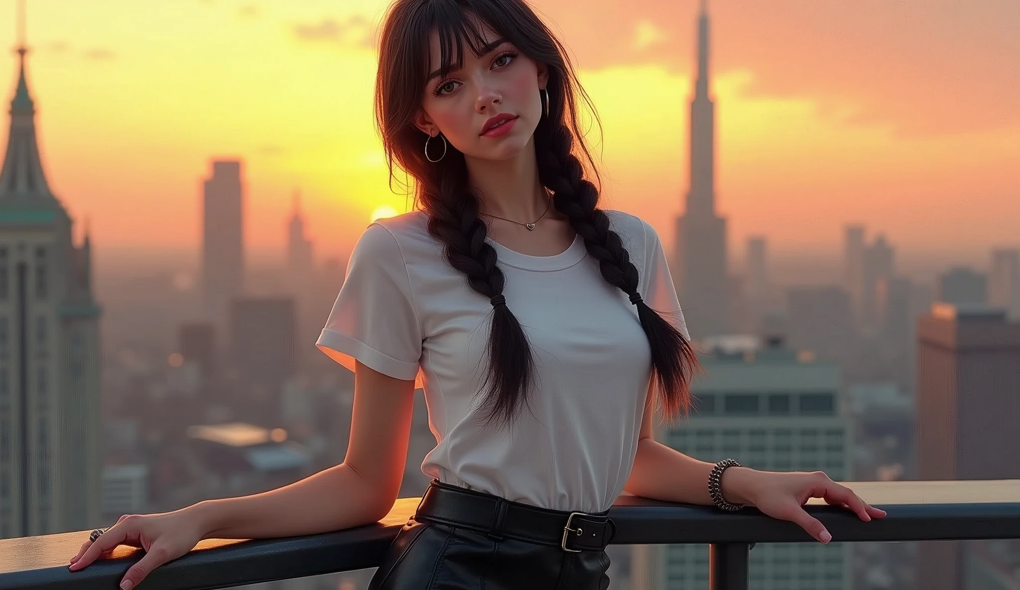 Yuliia Levchenko, 1girl, solo, braid, looking at viewer, leather skirt, white tshirt, long hair, traditional media, signature, bangs, makeup, black hair, upper body, lipstick, drill hair, twin braids, background city,leaning on the rooftop railing, arching her lower back, sunset