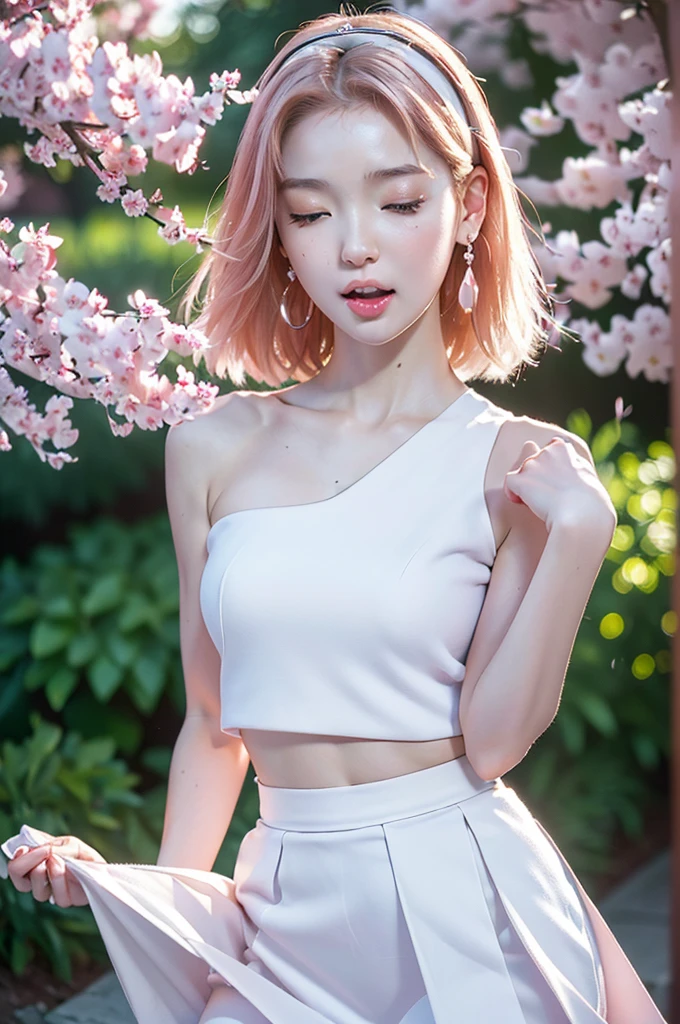 (masterpiece:1.4),(Highest quality:1.4),超High resolution,High resolution,8k resolution, (One Young Woman, sakura, White skin, Slim body:1.4), (Detailed facial expressions, Open your mouth, Close ~ eyes:1.4), Glowing Skin, Big earrings, lifting skirt, Roll up your skirt, I can see her