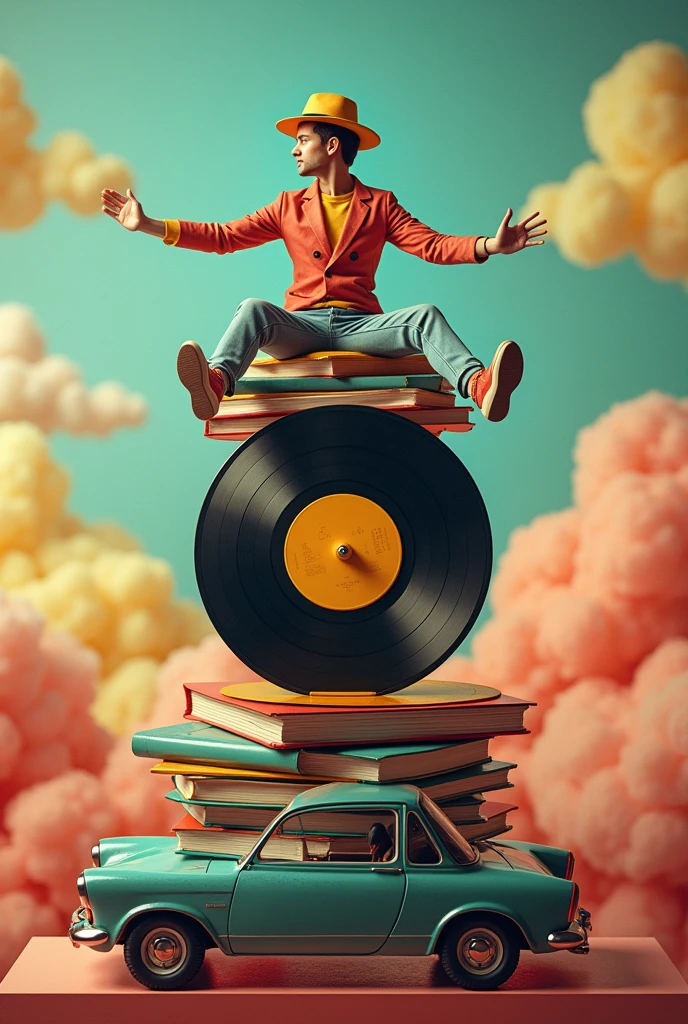 person riding vinyl records for a car or wall advertising