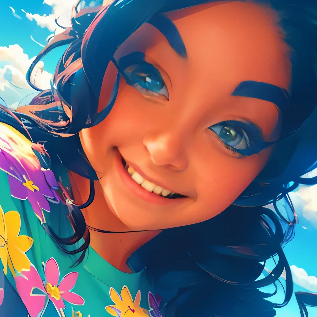 MKSKS, masterpiece, best quality, illustration, close up, straightforward, facial focus, smile, colorful, flowers, green sky, cloud sky, girl with beautiful eyes,