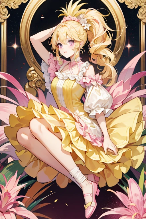 Pineapple Lily's light yellow hair is worn in a curled back ponytail with her braided bangs dyed hot pink and held by matching colored pineapple slices. She has curling inward forelocks that frame her face, one side thicker than the other. On her head are large leaf, a pale pink pineapple, and pale pink pineapple slice. She wears a yellow ruffled dress with leafy collar and sleeves, and hot pink dripping juice drips down beneath it. Her shoes are pale pink with etched details. SPARKLE; GLITTER