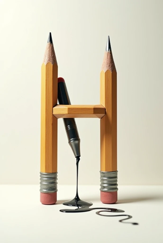 The letter H formed by 2 pencils and a pen leaking the H, drawning.
