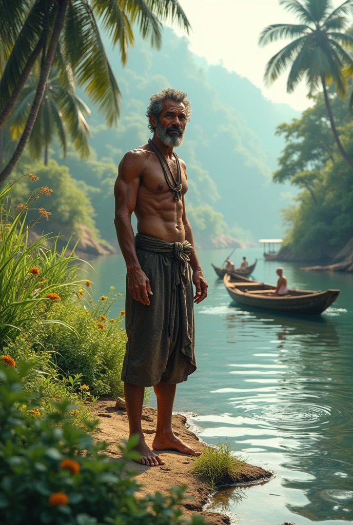 Ramu Near a Riverbank: Ramu standing on the banks of a serene village river or stream, with lush vegetation around and perhaps some traditional boats or fishing nets nearby.