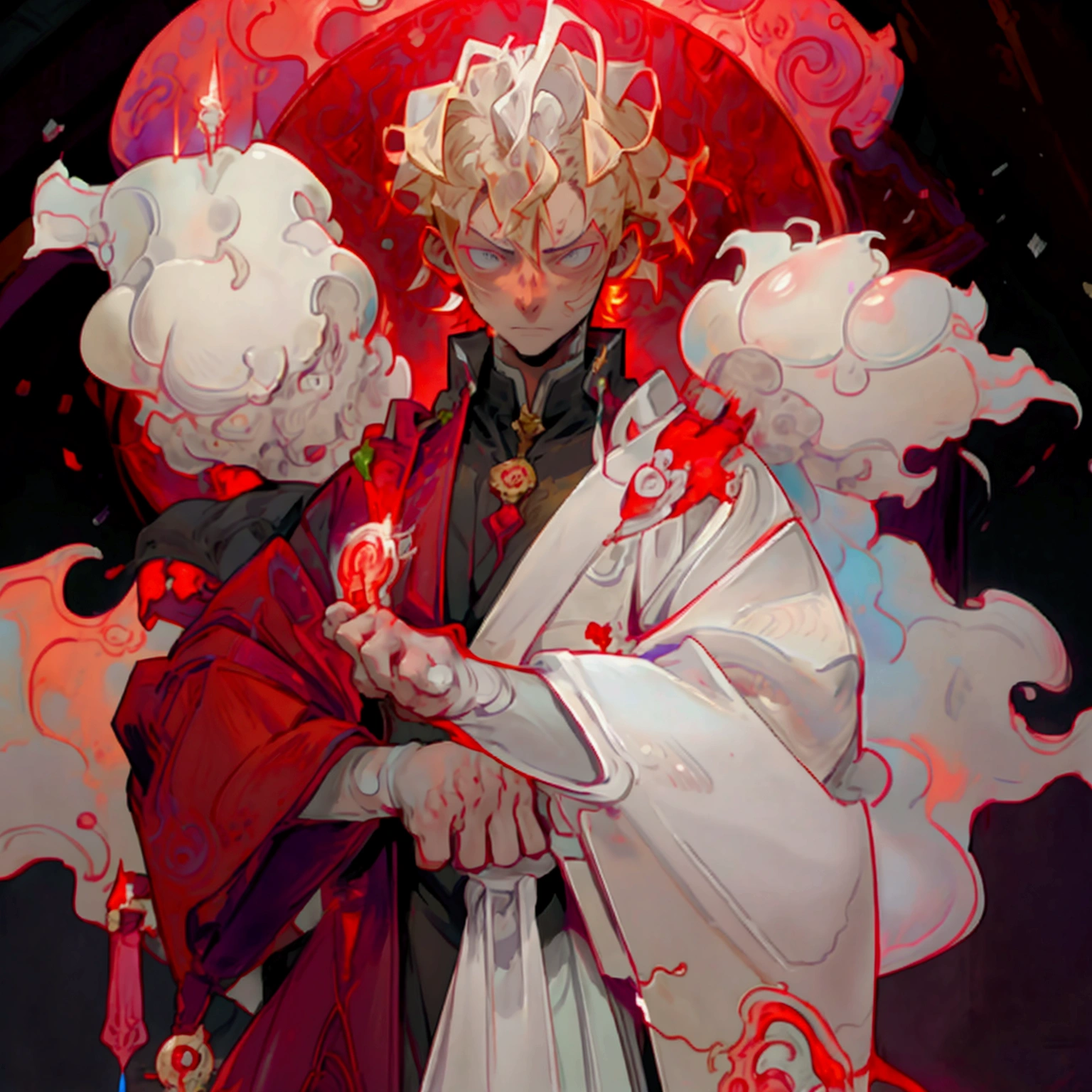A 19-year-old boy, arcane sorcerer doctor of chaotic magic. In attack position. His body is pale white, light gray eyes, short wavy blonde hair, muscular and tall and robust and toned. With scarlet energy around, and scarlet energy emanating from his hands.