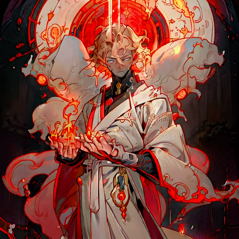 A 19-year-old boy, arcane sorcerer doctor of chaotic magic. In attack position. His body is pale white, light gray eyes, short wavy blonde hair, muscular and tall and robust and toned. With scarlet energy around, and scarlet energy emanating from his hands.