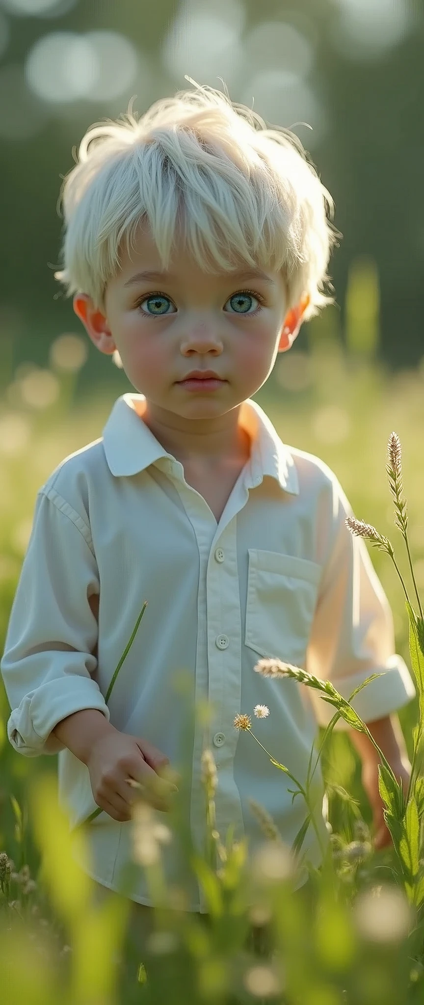 An ultra-realistic and highly detailed portrait of a -yeld boHis hair is completely white and opaque, slightly messy with bangs falling on his forehead. His eyebrows and eyelashes are also white. His eyes are a light blue, emitting a soft, radiant glow. His features are delicate. He wears a white linen shirt and is walking in a grassy field. The focus of the image is his beautiful eyes. The photo has a prize-winning quality and is post-processed with Unreal Engine 5 for enhanced realism and vibrant colors. The scene is captured with a Canon EOS R5 paired with an 85mm f/1.2L USM lens, ensuring stunning clarity and rich details. The lighting is soft and natural, with a gentle backlight highlighting his features. The aspect ratio is 9:21, emphasizing the vertical composition 