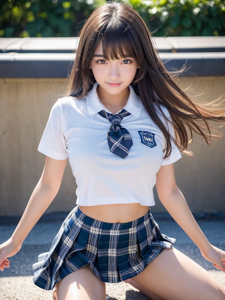 masterpiece,Highest quality,1 girl,Cowboy Shot,Front view,Young and cute Japanese,smile,Daytime,((Schoolyard,Other high school students:1.5)),Schoolgirl uniform,Summer clothes,wear,wear a super super short blue plaid pleated micro mini skirt,No underwear,Very cute face,Glossy Lips,Big eyes,Brown eyes,Double eyelids on both eyes,(Natural Makeup),Shiny, smooth, long light brown hair,Asymmetrical bangs,Center image,8k resolution,Attention to detail,Detailed hairstyle,Detailed face,Cinema Lighting,Octane Rendering,Ultra-realistic,Perfect limbs,Beautiful legs,Voluptuous thighs,Huge breasts,(Glowing Skin,Sweaty:1.3)Perfect Anatomy,Spread your legs,((Provocative dynamic pose:1.5)),Skirt flip