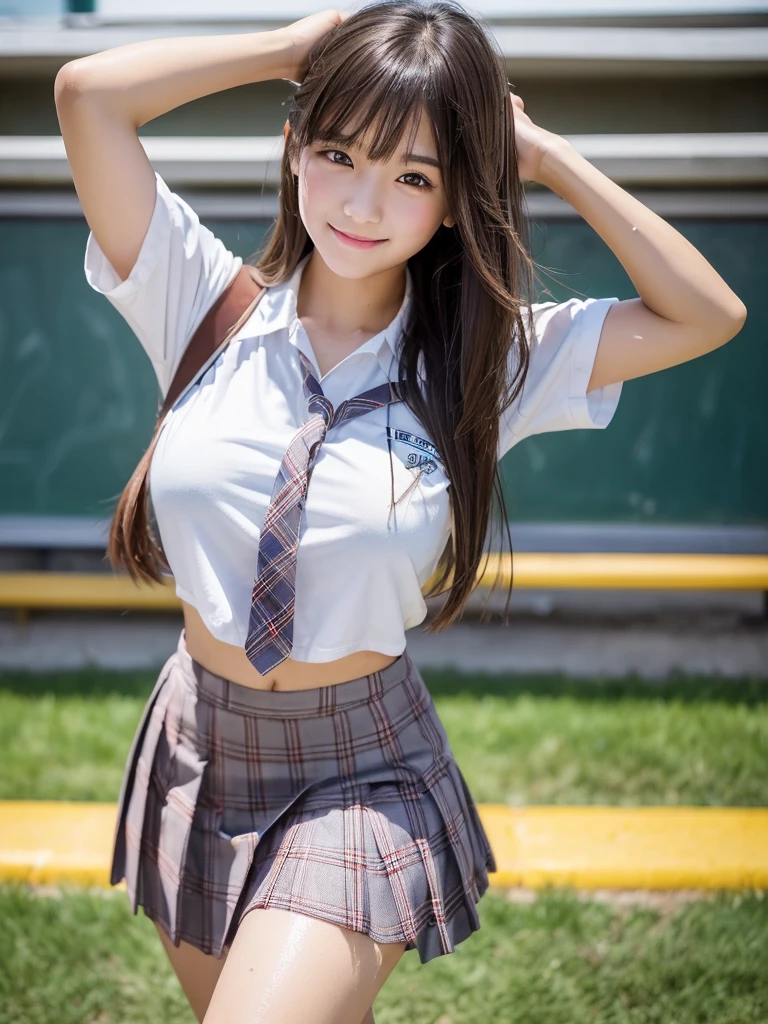 masterpiece,Highest quality,1 girl,Cowboy Shot,Front view,Young and cute Japanese,smile,Daytime,((Schoolyard,Other high school students:1.5)),Schoolgirl uniform,Summer clothes,wear,wear a super super short blue plaid pleated micro mini skirt,No underwear,Very cute face,Glossy Lips,Big eyes,Brown eyes,Double eyelids on both eyes,(Natural Makeup),Shiny, smooth, long light brown hair,Asymmetrical bangs,Center image,8k resolution,Attention to detail,Detailed hairstyle,Detailed face,Cinema Lighting,Octane Rendering,Ultra-realistic,Perfect limbs,Beautiful legs,Voluptuous thighs,Huge breasts,(Glowing Skin,Sweaty:1.3)Perfect Anatomy,Spread your legs,((Provocative dynamic pose:1.5)),Skirt flip