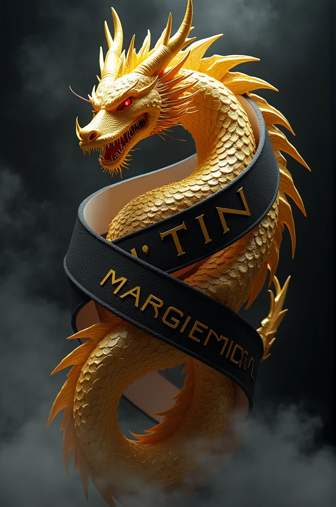Full HD graphic art image, 3D futuristic featuring a golden dragon with sharp teeth and horns, wrapped in a black ribbon with the text ‘MARTIN’ in bold gold letters. The dragon appears fierce and dynamic, surrounded by thin smoke against a dark background, creating a contrast that highlights the power and majesty of the mythical creature.