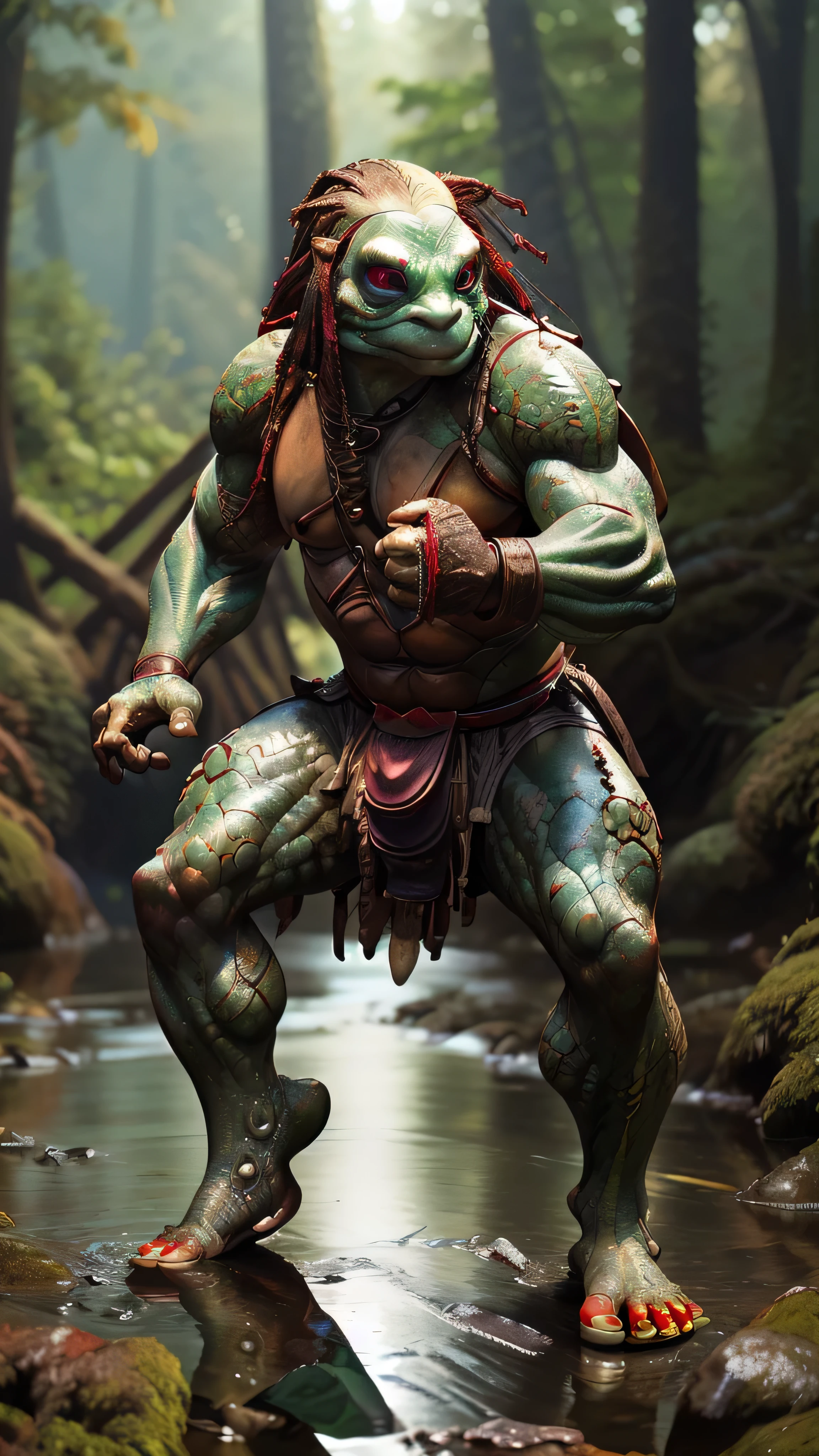 male, tortle, green hair, pale skin, maroon loincloth, naked torso, bare feet, (wooden stuff), bracelets, (masterpiece, best quality), (hyper realistic:1.6), ((detailed face)), ((award-winning)), (sharp), (8k resolution), (cinematic lighting)