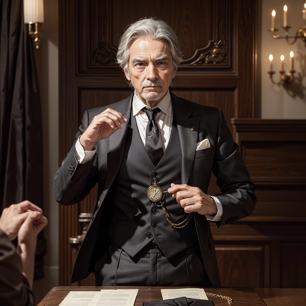 An old man, Distinguished and serious, with brown hair, slightly wavy, and with streaks of gray hair indicating his advanced age. His eyes are a deep brown, reflecting a life full of experience and wisdom, and his expression is authoritative, with lines etched around his eyes and mouth that reveal his serious and reserved character.

He wears an elegant dark suit, Custom-made, reflecting his elevated social status. The suit includes a well-tailored jacket, A lighter toned waistcoat, and an impeccably ironed white shirt. A notable detail is the gold pocket watch chain that crosses his waistcoat, adding a touch of classic sophistication. His posture is upright, Connoting confidence and power.

The background suggests a luxurious setting, perhaps the interior of a mansion, with dark wood panels and classic décor that complements his rich and powerful appearance.