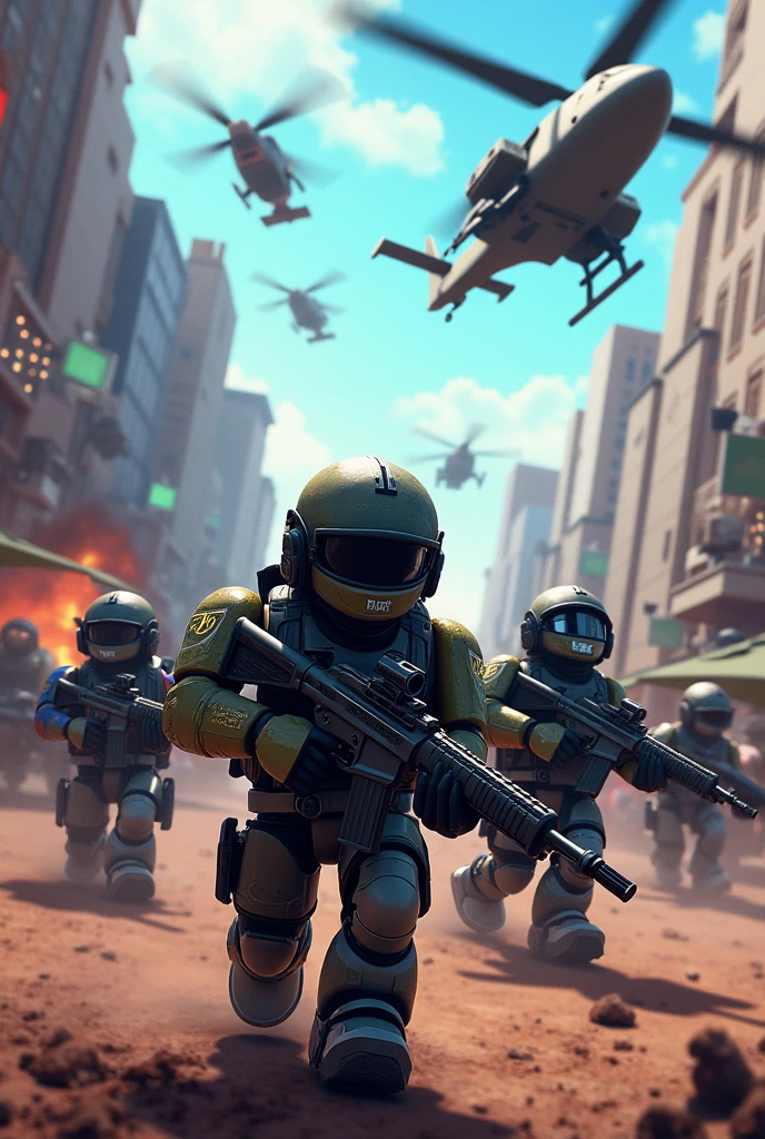 Epic shooter game cover for ROBLOX featuring large weapons, luxurious military equipment, military cars and helicopters and it should look like ROBLOX style