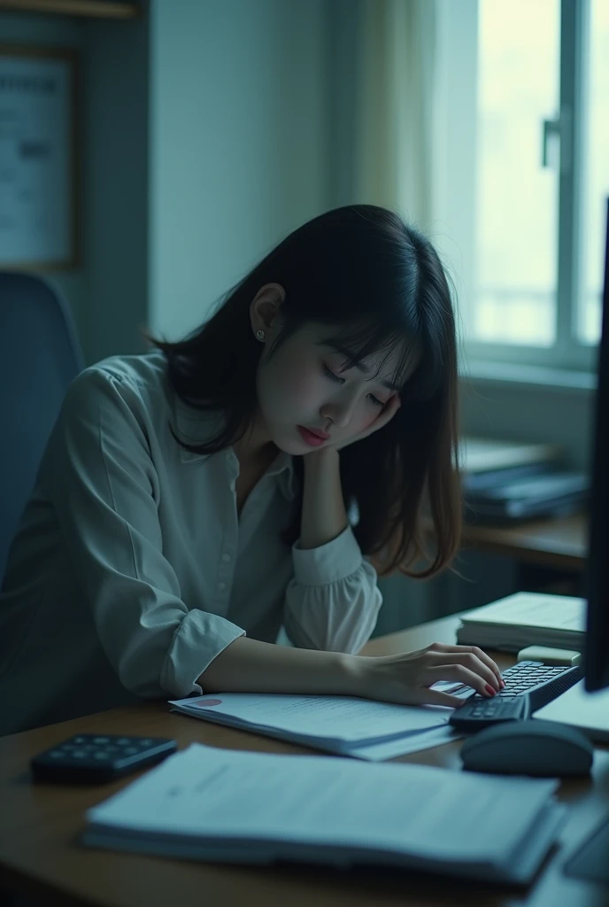 A sad Korean woman, close to collapse, in the workplacem, sitting at a desk with a computer and many documents on it, daylight, cool light, The image should show a sad person in an office, with a despondent facial expression.
