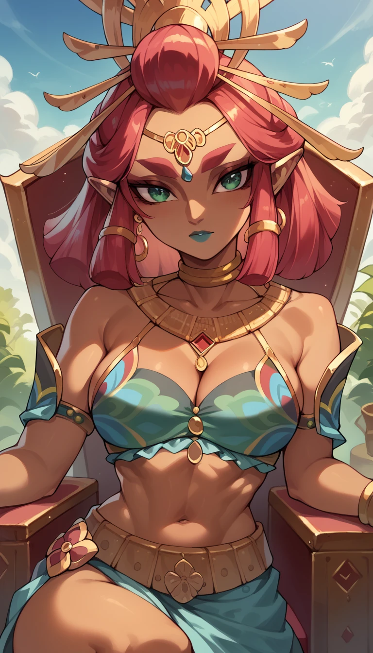 Riju as a busty pornstar with hot cleavage, breasts facing the viewer, breasts Focus, in the Throne, in Gerudo 