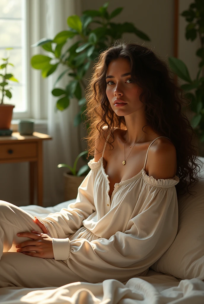 (photorealism:1.2), beautiful woman, sitting on bed, wearing loose off-shoulder top, pajama pants, long curly hair, indoors, soft lighting, plants in background, window with sunlight, cozy room, relaxed pose, realistic, intricate details, warm colors, by Greg Rutkowski, by Alphonse Mucha