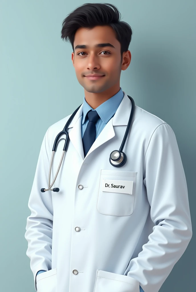 Men in Doctor's uniform is very young.he is from india.Dr saurav name written on uniform.dr. Saurav square shape face
