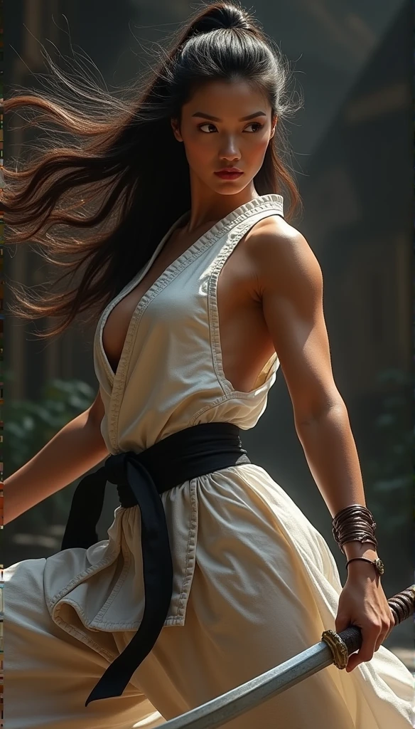 Realistic busty woman,Karateka，hokuto shinken,ultimate form,Realistic battle aura