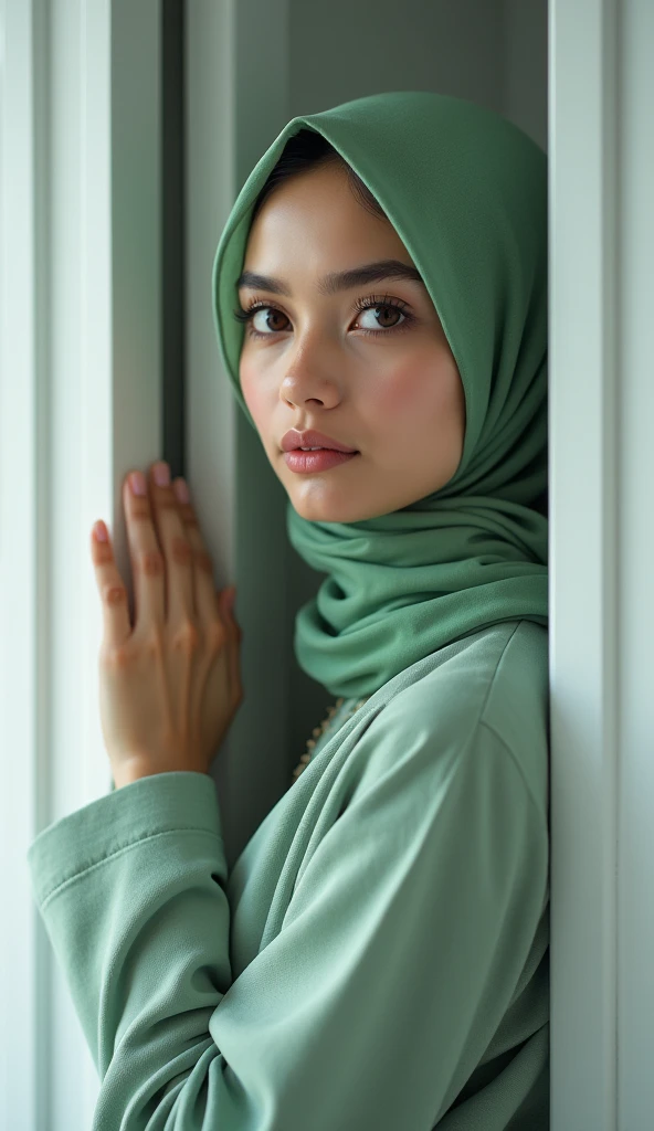 ((masterpiece:1.4, highres quality)), ((masterpiece, highest quality)), (photo-realistic:1.4), professional lighting, highly detailed eyes and face, Beautiful eyes in every detail, (beautiful Malay girl:1.3), face focus, From the back, wearing green pastel hijab, 1 girl、eyes didn't look at the camera, profile, ((Winter clothes)), necklace, (grey pastel clothing), Eye color is dark brown, correct hand of human body, white wall, Taken in front of the white door, (white wall room with window)
