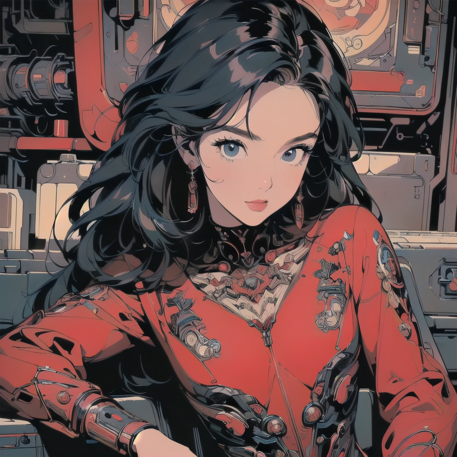 (((masterpiece, Highest quality)))、(((32K Wallpapers)))、The most detailed machine、(((The most complete and detailed red futuristic machine and a woman)))、The most detailed background、(((Flat Chest)))、(((Surrounded by many complex, sophisticated, futuristic machines)))、head shot,((((more various angle))))、((Overall colorfully))、A perfect machine、(((Perfect Face)))、(((The most complete machine of the future)))、Detailed Hair