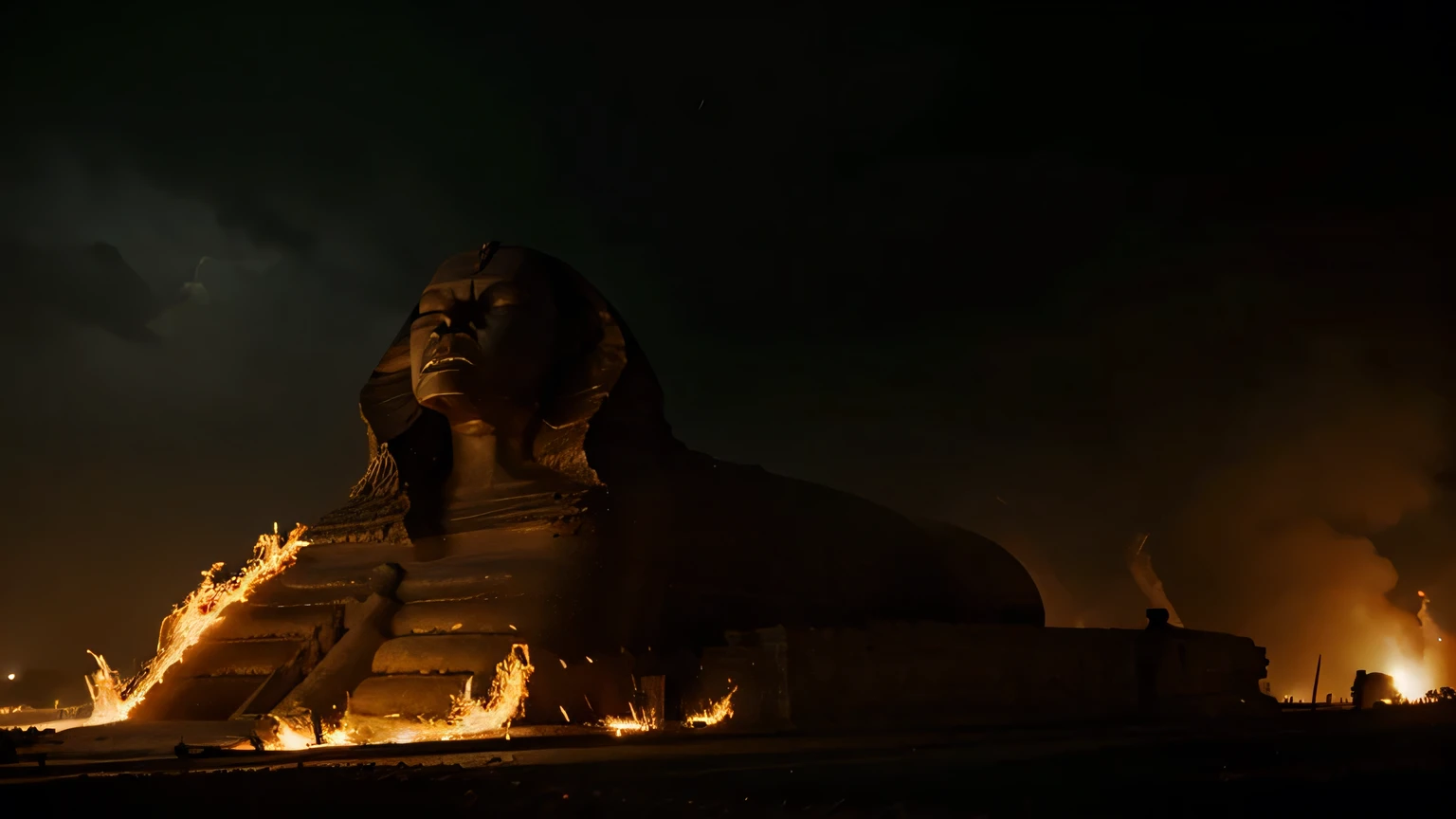 The Great Sphinx attacked by a rain of fire and plagues. Dark Cinematic Style.