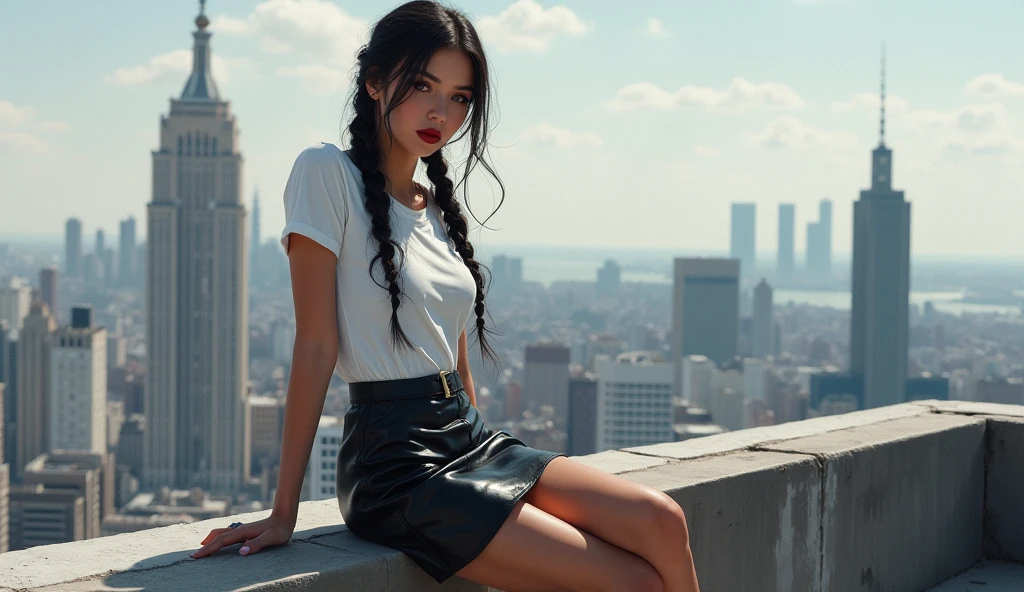 Yuliia Levchenko, 1girl, solo, braid, looking at viewer, leather skirt, white tshirt, long hair, traditional media, signature, bangs, makeup, black hair, upper body, lipstick, drill hair, twin braids, background city, sitting on the rooftop railing, crossing legs