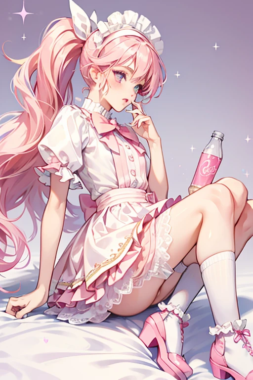 Pinkie Cola has fair skin with hot pink lips and pale peach eye-shadow and very faint blush. Her eyes are pale blue and pink. Her long peach hair is worn in in a ponytail made from large curls and her bangs are swept left. She wears a pale pink headband with a pink overflowing bottle of pop/soda and a white and pink server hat. Her outfit consists of a white top with a hot pink bow-tie, a light pink designed skirt lined by white lace, and white frilly socks with pale pink shoes that have a hot pink ribbon on the side of the ankle.  SPARKLE; GLITTER