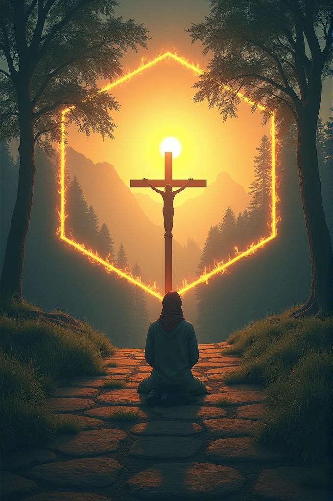 Create an image of an octagon containing a landscape with a sun, the shadow of a cross, and the shadow of a person worshipping the cross with a scarf around their neck. In the center, with flames, write the name 'HIDDAI'.
