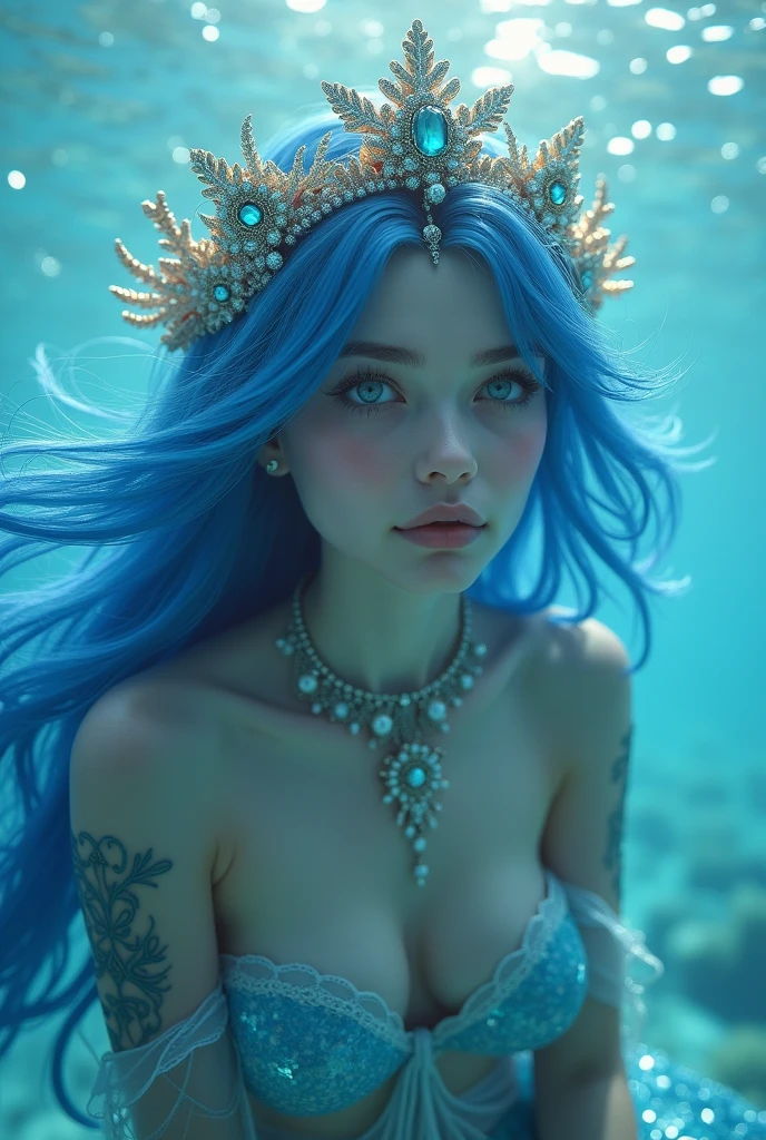 Blue haired beautiful girl with calm blue ocean eyes wearing her majestic mermaid form with her crown made with pearls and corals, swimming under the sea.