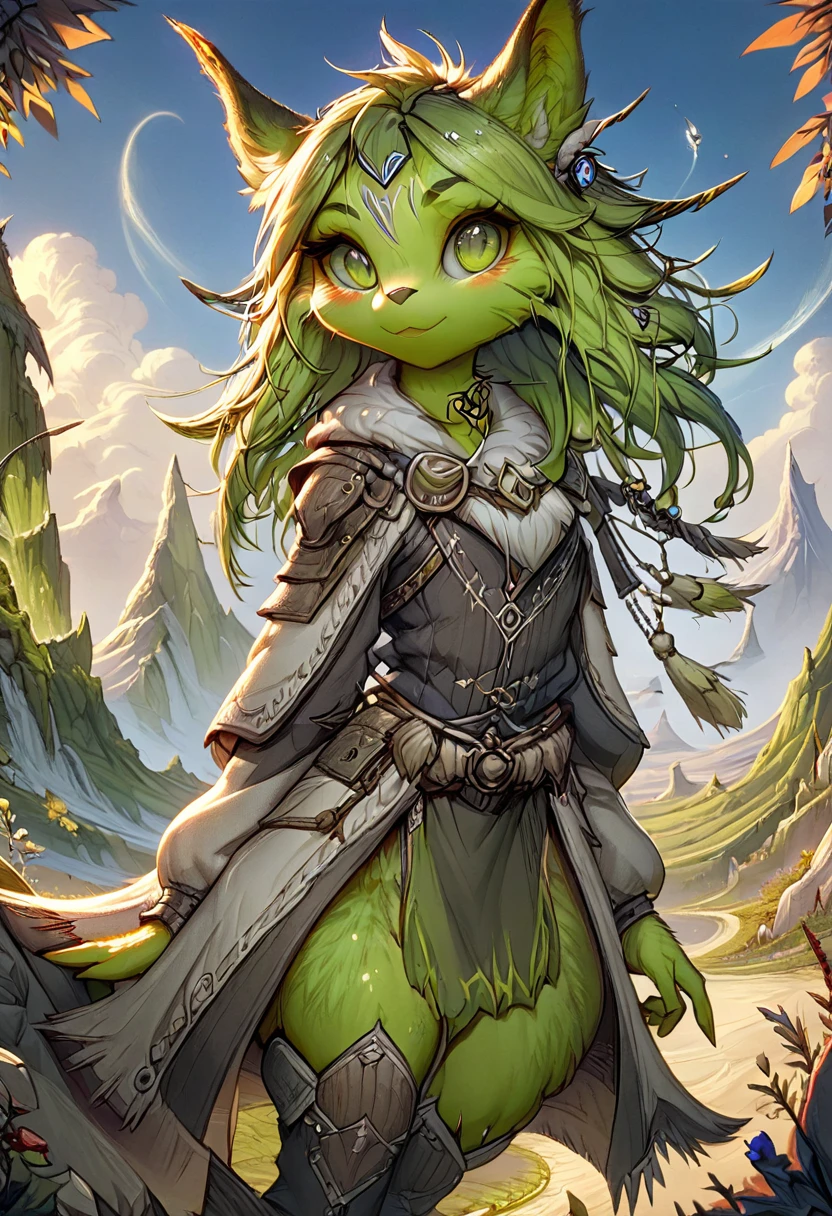 Anthropomorphic female grinch grasshopper mage. Official Art – Charecter profile. An Award-Winning Digital Masterpiece In 4K Ultra HD, Extreme Detail And Intricate Realism. Symmetrical Face. This Concept Art Brought To Life By The Hands Of Artists Like Wlop & Artgerm In A Stunning 2D Vector Illustration.Background Is A Panoramic Vista.
