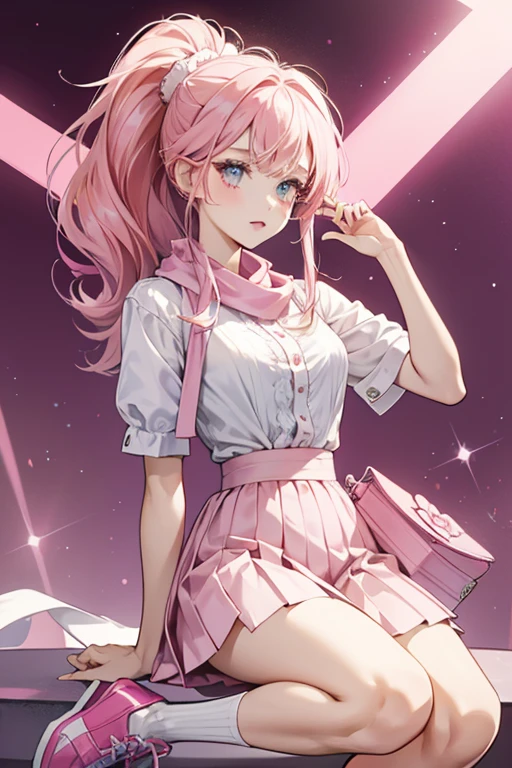 This version of Pinkie has pale pink hair worn in a ponytail with her curled forelocks framing her face and short bangs spread into three sections. She has a big white bottle-cap on her head with a hot pink heart at the middle. She also wears a white blouse with a pink scarf around her neck, hot pink waistband, and a pale pink pleat skirt with a design on the corner. Her shoes are hot pink. SPARKLE; GLITTER