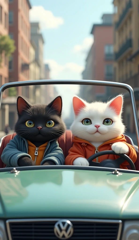 A pair of cute chubby white and black cats are in a car, with the male cat behind the wheel, concentrating on driving, while the female cat sits beside him, looking relaxed and pampered. Both cats are dressed in casual, human-like clothing, giving the scene a charming and whimsical vibe as they enjoy their drive together. camera position in front of car, location in city street.