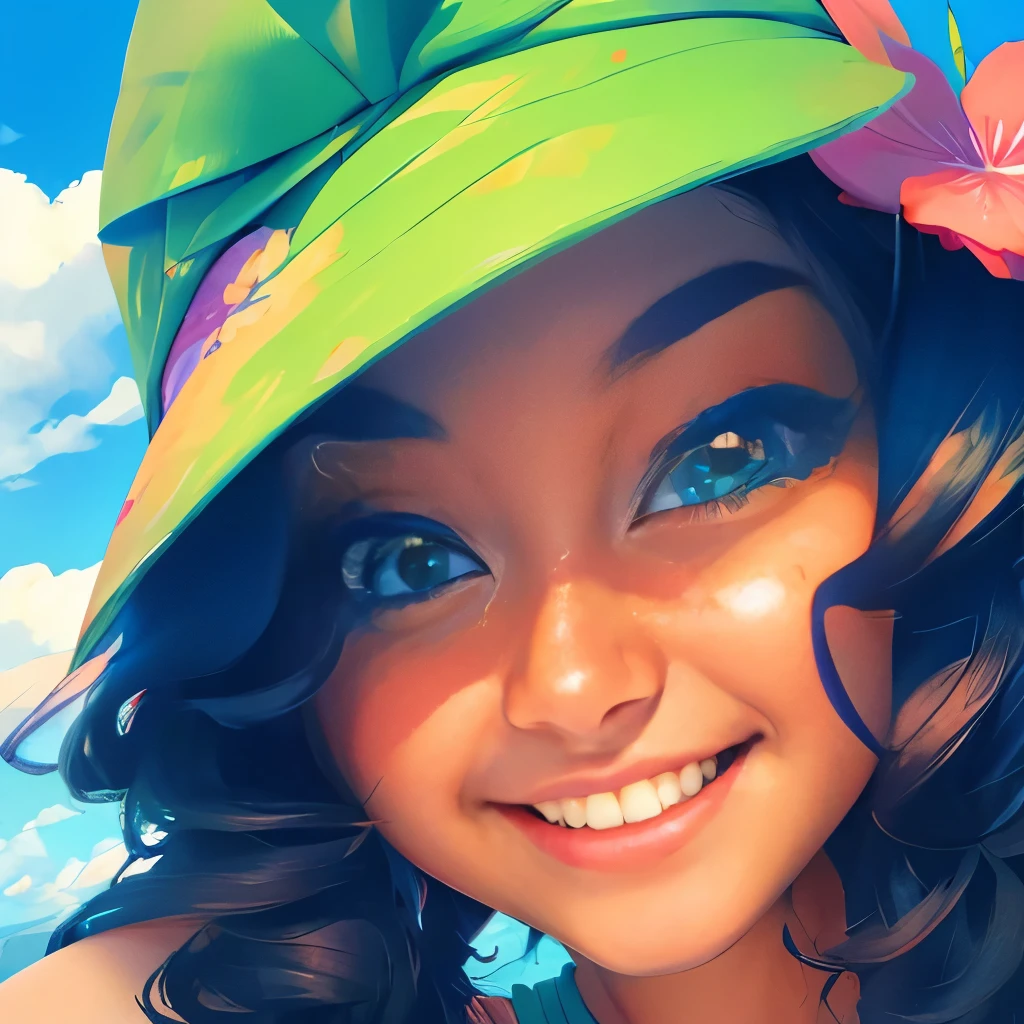 MKSKS, masterpiece, best quality, illustration, close up, straightforward, facial focus, smile, colorful, flowers, green sky, cloud sky, girl with beautiful eyes,