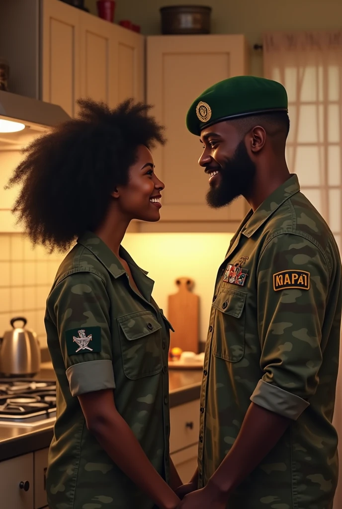 In the kitchen, a Nigerian female captain dressed in her camouflage wearing a beret, found Nnamdi, her husband a Nigerian middle aged man in the kitchen wearing a pajamas already up, preparing breakfast. His eyes lit up when he saw her. "You’re up