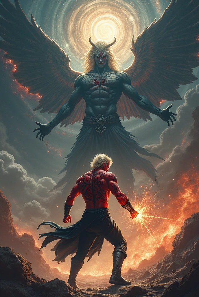 Make a medium-long cut blonde man with black pants and black boots with demonic symbols on his red body that controls energy fighting against a galactic being like the galaxy and the universe