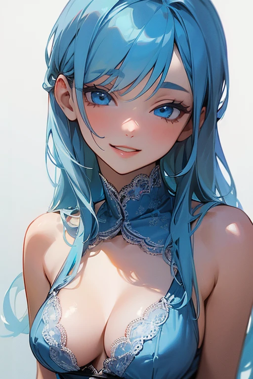 (masterpiece: 1.2, Highest quality), (Actual Photos, Intricate details), 1. woman, alone, Upper Body, casual, Shoulder-length hair, Minimal makeup, Natural materials, Face close-up, smile, Home, (Light blue hair).blue eyes, Shoulder Bare、Smiling with teeth showing、(In the gap between my breasts).((Kiss with your eyes closed)).((Lace clothes)).((sexy)).((underwear)).