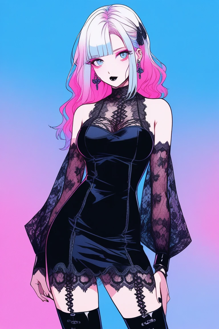 Illustrator, anime , Realistic ,sketch , 1 person, model, lip, A sheer gothic black mini dress with a lot of lace., order, Blue and pink gradient background, Neon Color Hair, Big Breasts, whole body, look back, Sexy look, Sexy pose, Texture Trim, Russian, (masterpiece,Highest quality)