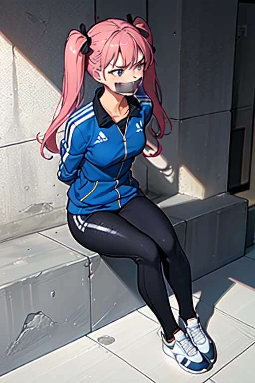 ((1 girl)), ((twin tails)), (sexy),  ((simple_background)), ((concrete floor, concrete wall)), ((underground room)), ((arms behind back)), ((scowl)), ((sitting on the knees)), ((tape gag)),  ((helpless)), ((calm)), ((struggling)), (blue tracksuit,tracksuit,tights pants, long black pants)