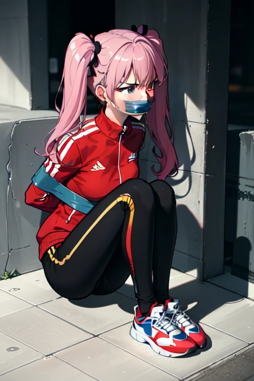 ((1 girl)), ((twin tails)), (sexy),  ((simple_background)), ((concrete floor, concrete wall)), ((underground room)), ((arms behind back)), ((scowl)), ((sitting on the knees)), ((tape gag)),  ((helpless)), ((calm)), ((struggling)), (blue tracksuit,tracksuit,tights pants, long black pants)