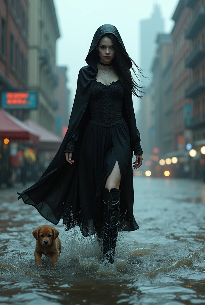 A girl in gothic clothing in a flood in New York trying to save a puppy 