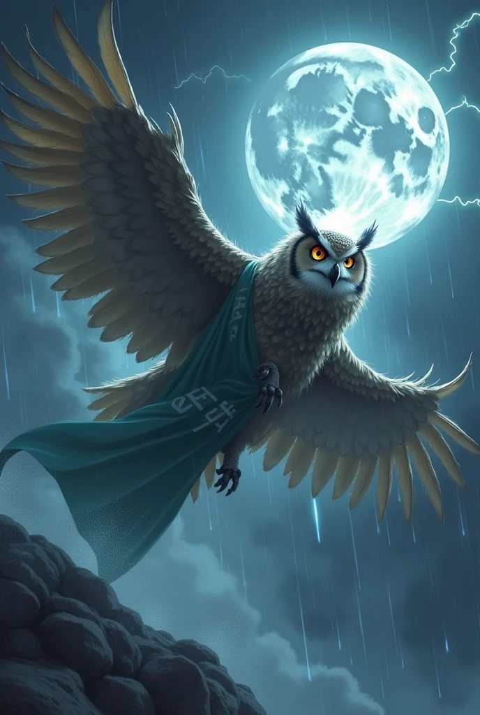 Make a giant owl carrying a flag saying "kemi ice " in the middle
Of thunder storm while the moon spelled out October