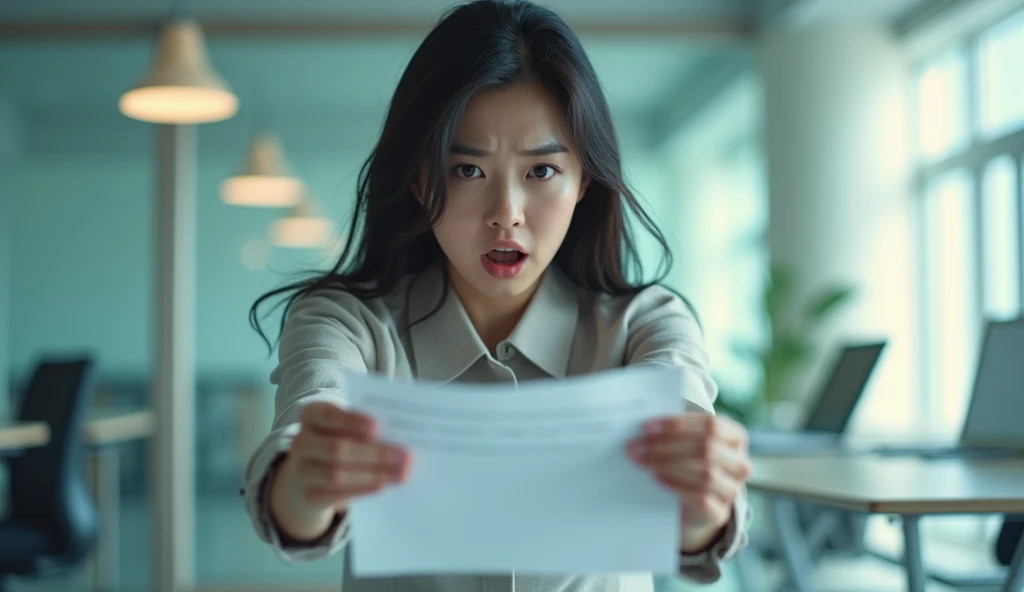 portrait of Korean beautiful woman, sitting in office, jumped up in panic and reached out to grab the documents, daylight, cool light, professional image, professional picture, high quality portrait, photo portrait, an epic non - binary model, professional portrait, photo still, color portrait, creative coder with a computer, cinematic lens , photography , her face is grimace, looking at documents,