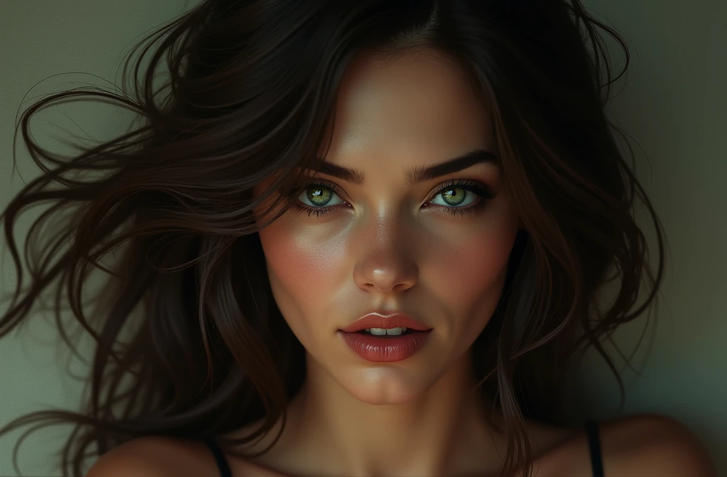 woman with dark brown hair, greeneyes, sexy, fleshy mouth