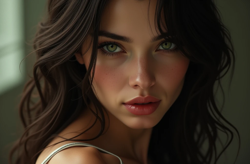 woman with dark brown hair, greeneyes, sexy, fleshy mouth
