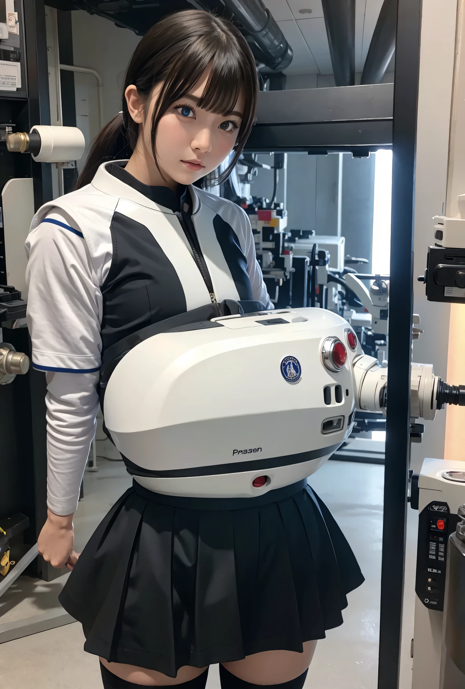 masterpiece, best quality, extremely detailed, Japanese android girl,Plump ,control panels,Mechanical Hand,Robot arms and legs, robot assembly plant,white robot body,blunt bangs,skirt,black knee high socks,blue eyes,