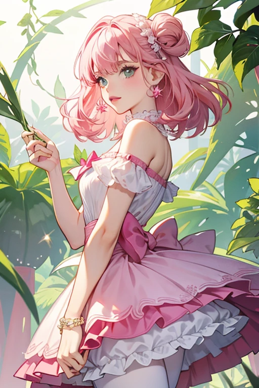 Trinket has fair skin and big black button eyes. Her cheeks are the same shade of pastel pink as her hair, which is worn with straight cut bangs and a single ponytail on top of her head. A small grass-green bow holds her ponytail together.
Trinket wears a silk magenta dress with frilled hemline and collar, along with short puffed sleeves and pink tulle lining the dress. Underneath her dress, she has on a pair of grass-green bloomers, pink slip on shoes wit? loose material at the back and magenta ribbons on the toe. On her wrist is a pearl bracelet with a heart pendant. Silly Hair Trinket wears a magenta blouse with a white section at the neck wit? two tiny black buttons and tiny spots printed all over it. Her skirt is made of pink tulle and has an ivy-green belt. Her shoes are soft pink booties with ivy-green ribbons tied around the top. SPARKLE; GLITTER