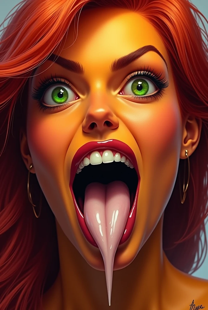 ((best quality)), ((masterpiece)) Starfire from titans opens her mouth wide showing you her uvula and super thick slimy and very meaty white Tongue with a sensual expression on her face