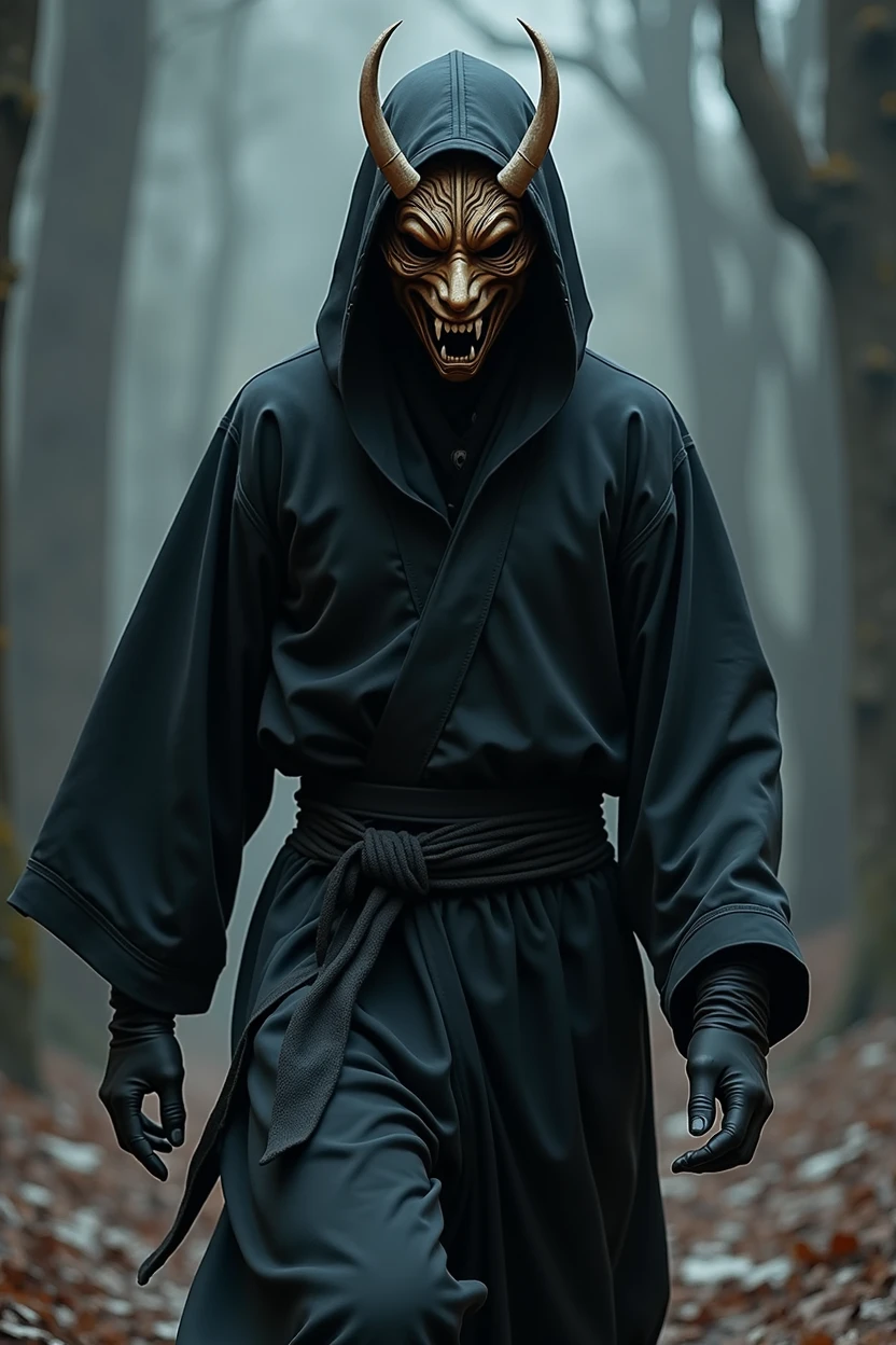 Ninja wearing a Japanese demon mask, mysterious, dressed in black, menacing but kind-looking