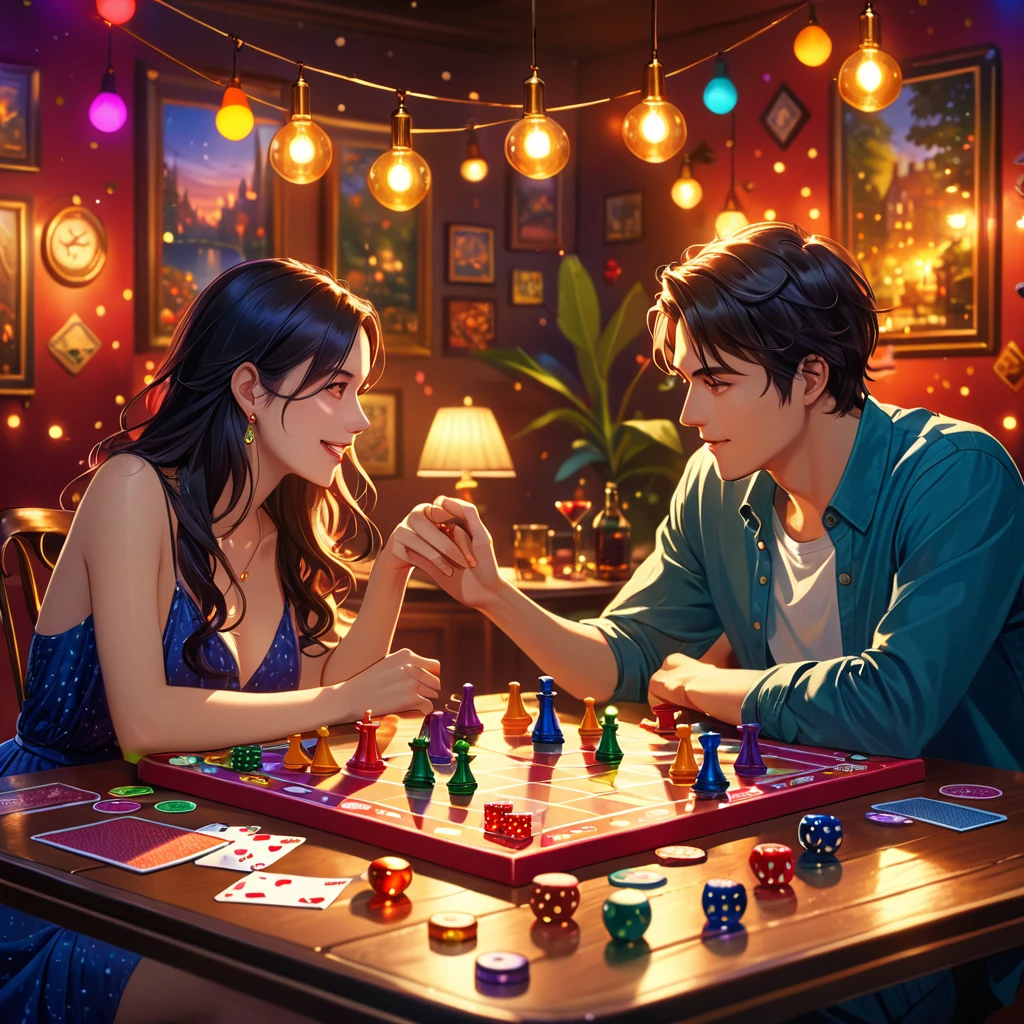 "Create a wallpaper featuring a couple engaged in a fun board game night. The design should include a variety of colorful game pieces, cards, and a cozy game setup with warm lighting and playful details."
High resolution, masterpiece, accurate, bestquality, High detail, high quality, Very detailed, dark,longhairVery detailed, Ultra high definition,